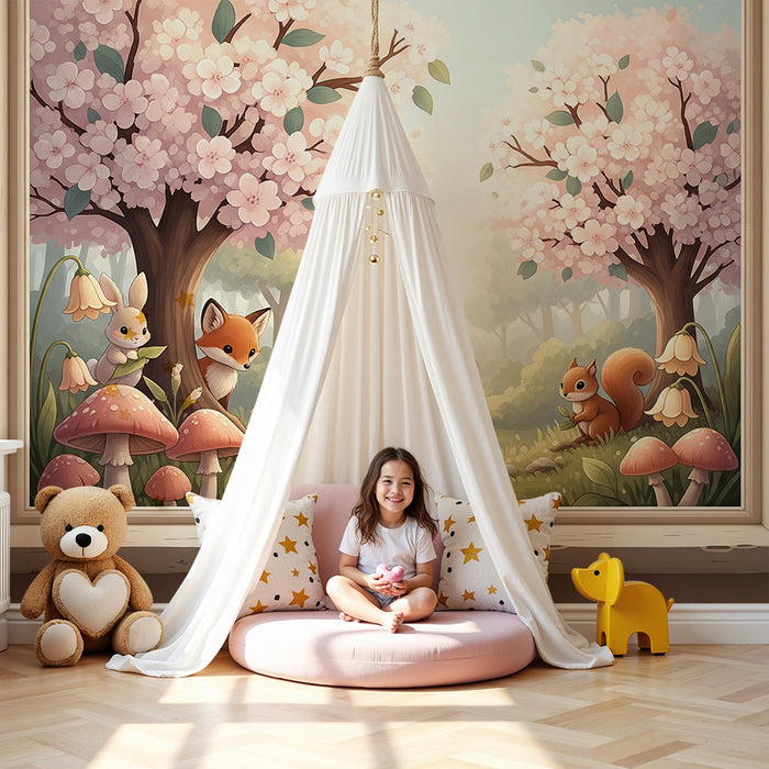 Papier peint chambre bébé | Forêt enchantée avec animaux et fleurs