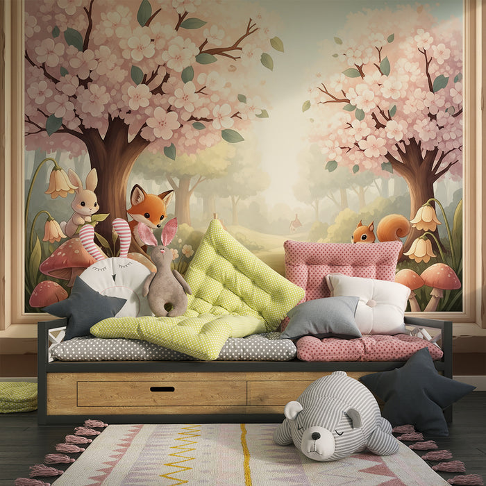 Papier peint chambre bébé | Forêt enchantée avec animaux et fleurs