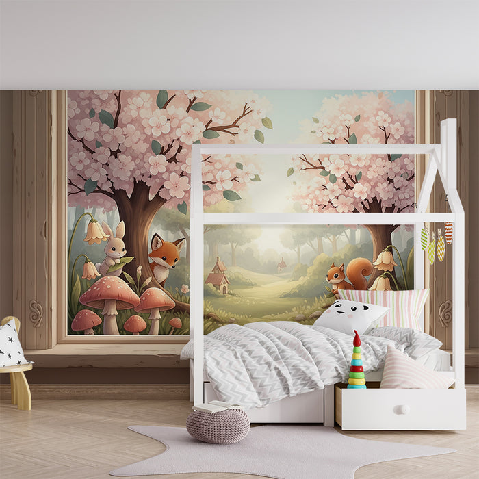 Papier peint chambre bébé | Forêt enchantée avec animaux et fleurs