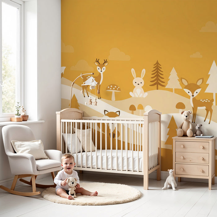 Carta da parati per cameretta bebè | Foresta incantata con animali adorabili e colori tenui