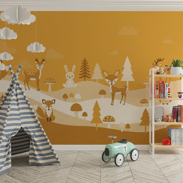 Carta da parati per cameretta bebè | Foresta incantata con animali adorabili e colori tenui