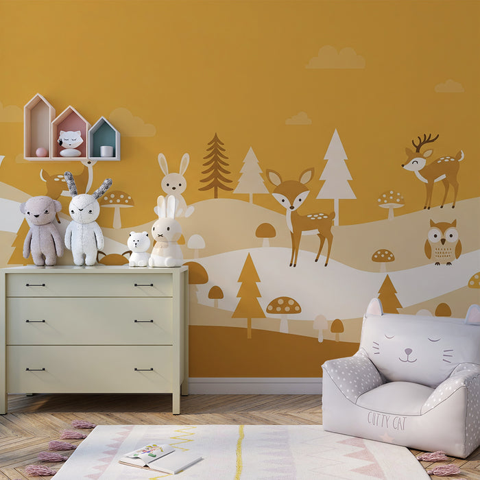 Carta da parati per cameretta bebè | Foresta incantata con animali adorabili e colori tenui