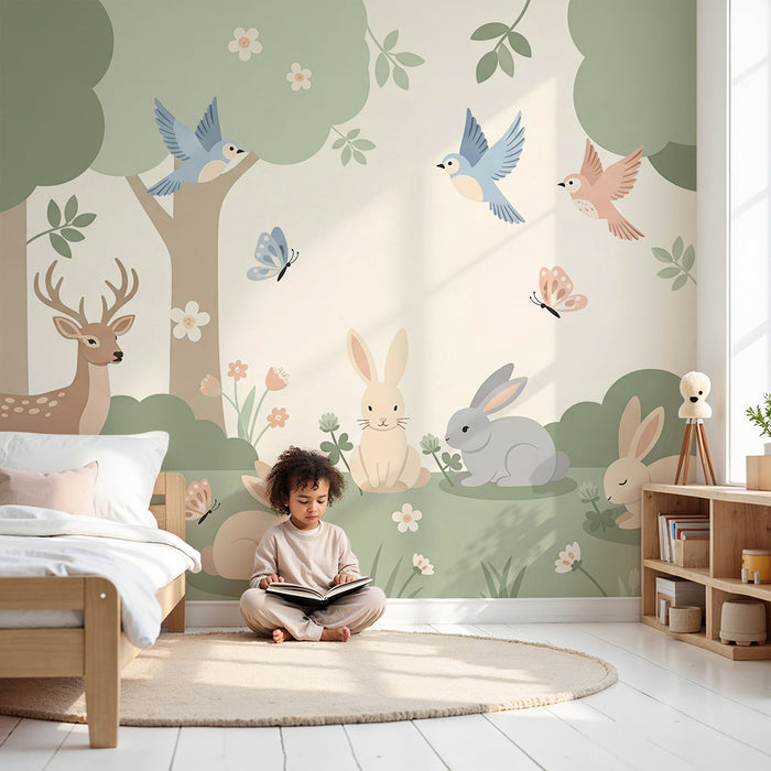 Papier peint chambre bébé | Forêt enchantée avec animaux mignons et fleurs