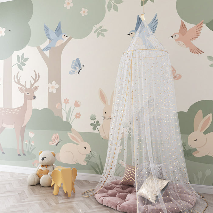 Papier peint chambre bébé | Forêt enchantée avec animaux mignons et fleurs