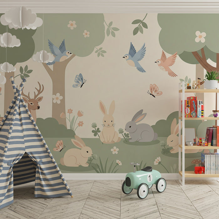 Papier peint chambre bébé | Forêt enchantée avec animaux mignons et fleurs