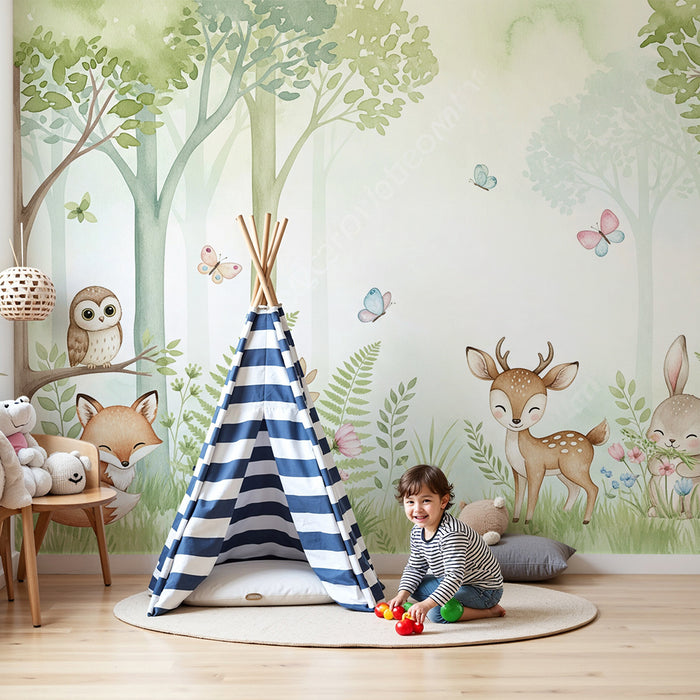 Papier peint chambre bébé | Forêt enchantée avec animaux mignons et fleurs colorées