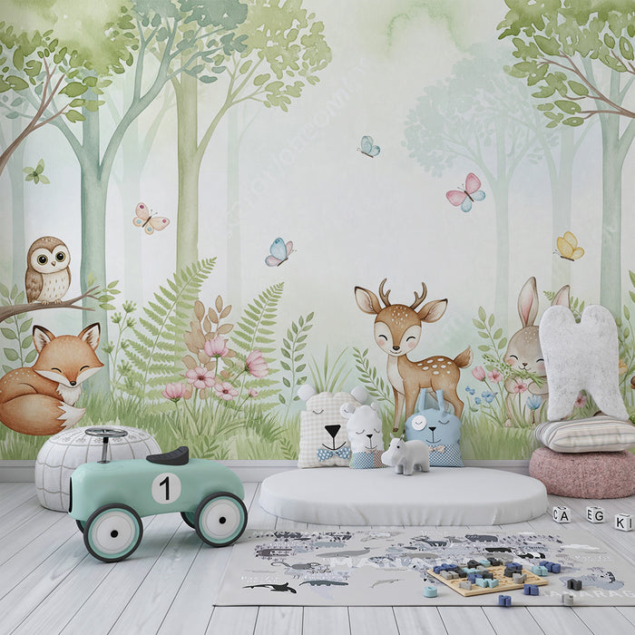 Papier peint chambre bébé | Forêt enchantée avec animaux mignons et fleurs colorées