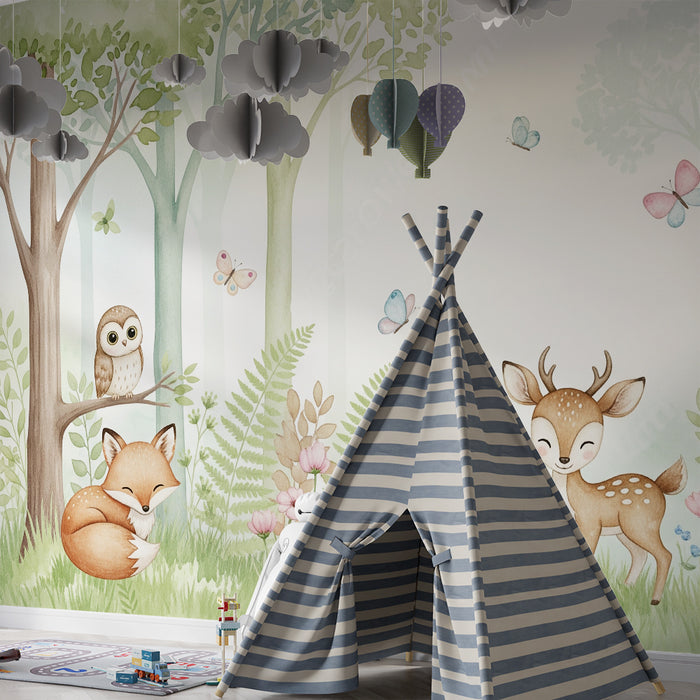 Papier peint chambre bébé | Forêt enchantée avec animaux mignons et fleurs colorées