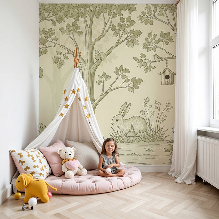 Papier peint chambre bébé | Forêt enchantée avec animaux mignons et nature paisible