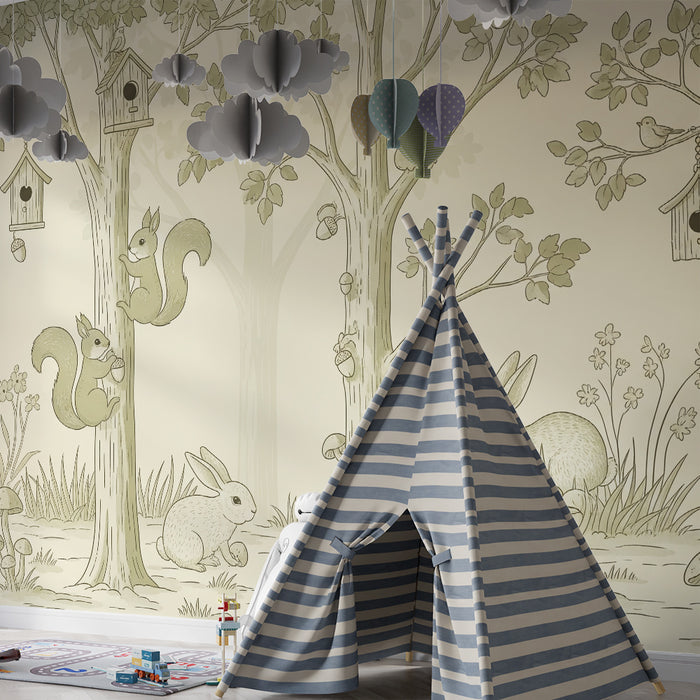 Papier peint chambre bébé | Forêt enchantée avec animaux mignons et nature paisible