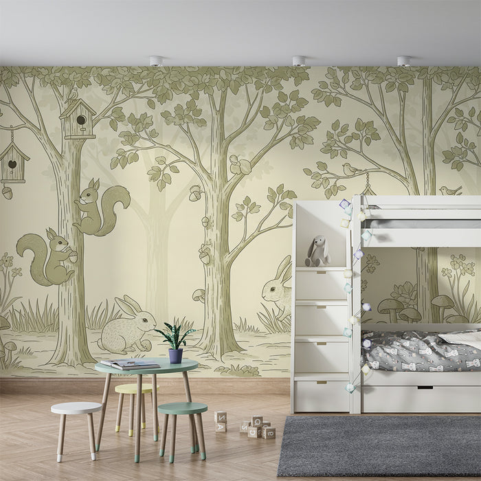 Papier peint chambre bébé | Forêt enchantée avec animaux mignons et nature paisible