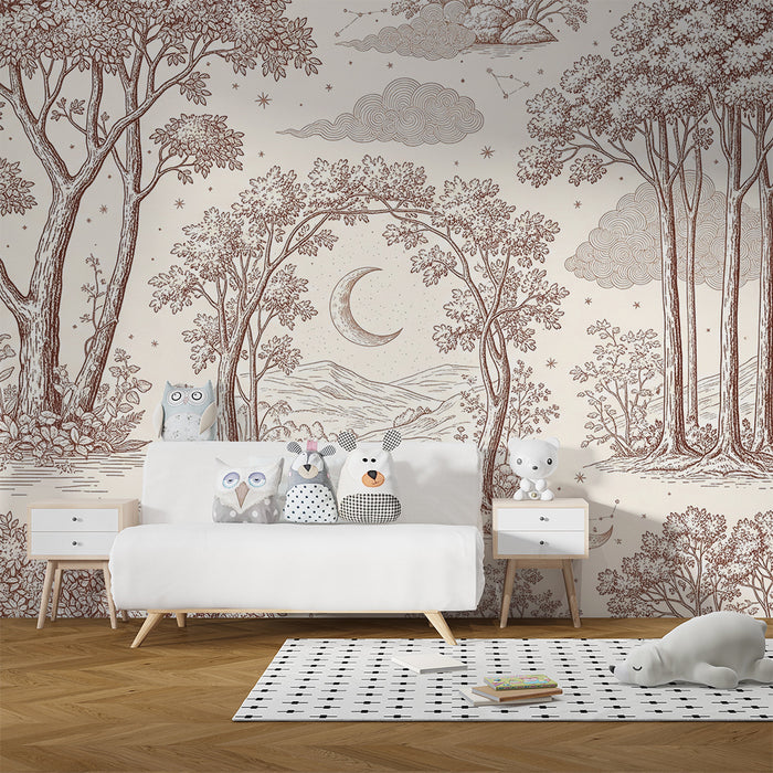 Papel de parede para quarto de bebé | Floresta encantada com árvores e céu estrelado