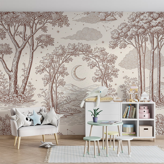 Papel de parede para quarto de bebé | Floresta encantada com árvores e céu estrelado