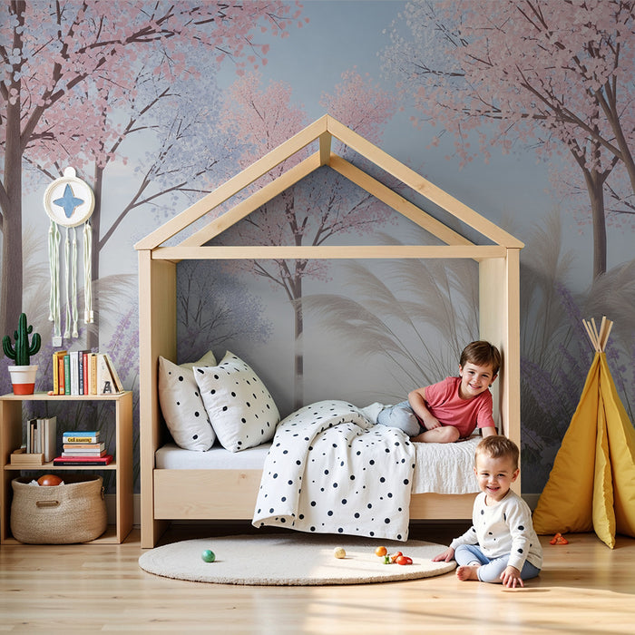 Carta da parati bambini | Foresta incantata con alberi fioriti e fiori pastello