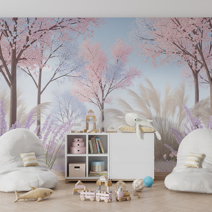 Carta da parati bambini | Foresta incantata con alberi fioriti e fiori pastello