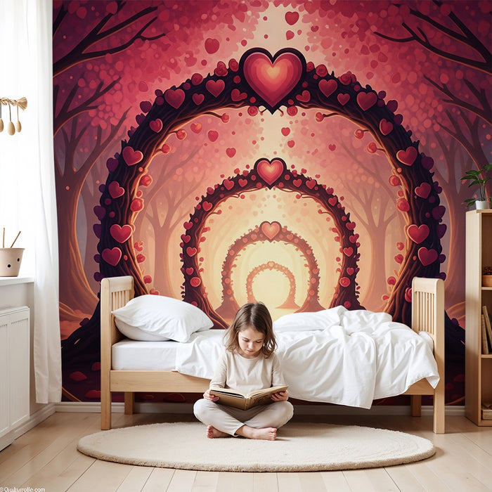 Papier peint chambre bébé | Forêt enchantée avec arches de cœurs roses