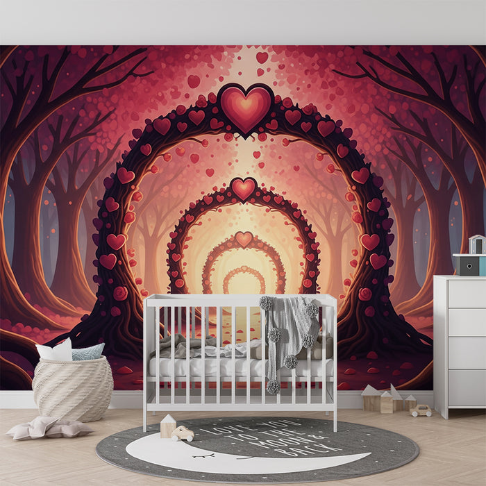Papier peint chambre bébé | Forêt enchantée avec arches de cœurs roses