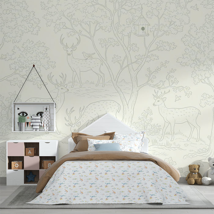 Behang babykamer | Betoverd bos met herten en vogels