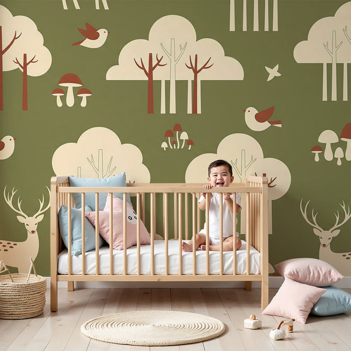 Papier peint chambre bébé | Forêt enchantée avec cerfs et oiseaux colorés