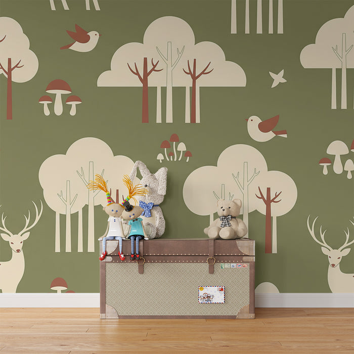 Papier peint chambre bébé | Forêt enchantée avec cerfs et oiseaux colorés