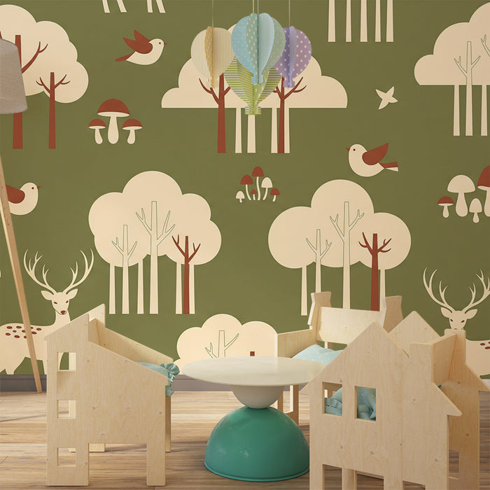 Papier peint chambre bébé | Forêt enchantée avec cerfs et oiseaux colorés
