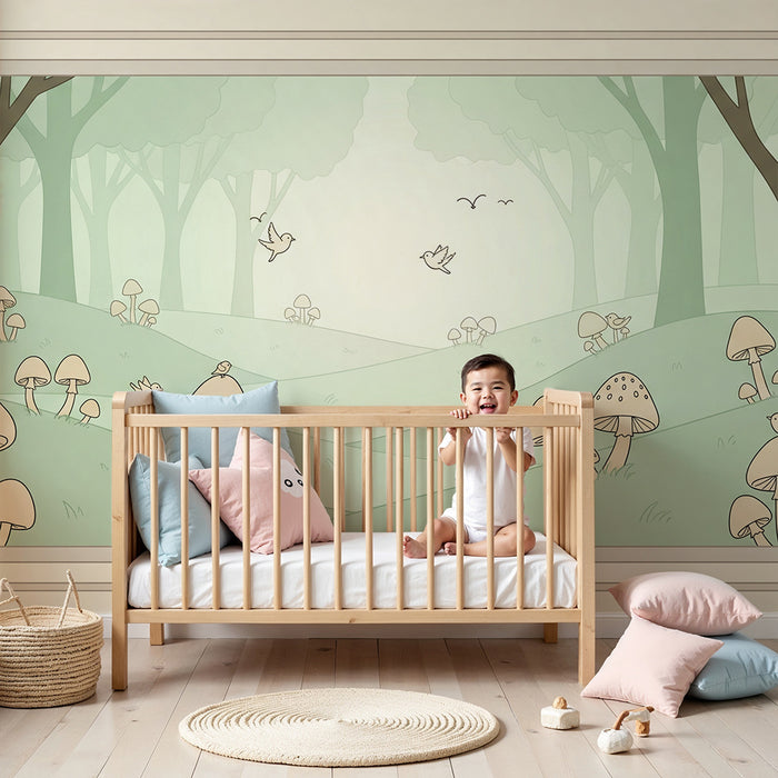 Papier peint chambre bébé | Forêt enchantée avec champignons et oiseaux