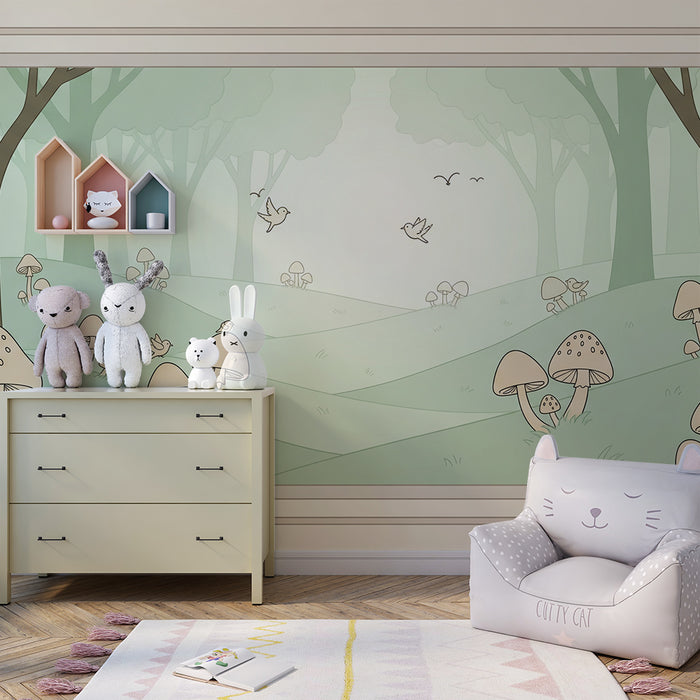 Papier peint chambre bébé | Forêt enchantée avec champignons et oiseaux
