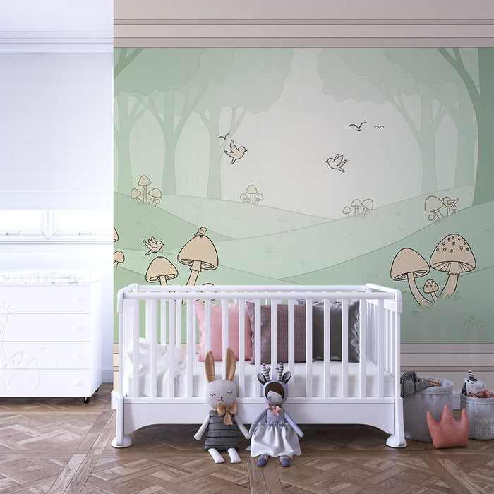Papier peint chambre bébé | Forêt enchantée avec champignons et oiseaux