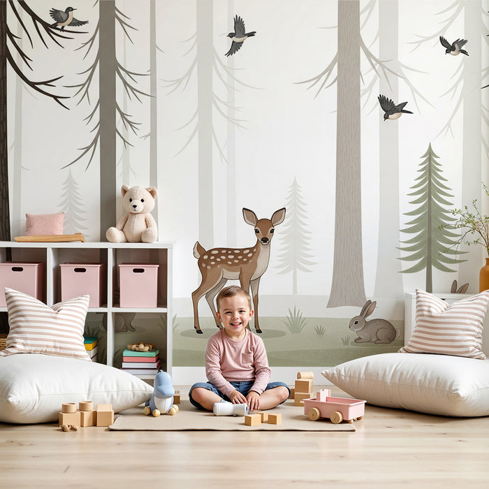 Papier peint chambre bébé | Forêt enchantée avec faune douce et paisible