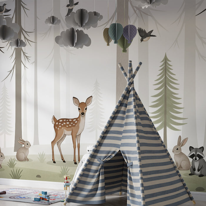 Papier peint chambre bébé | Forêt enchantée avec faune douce et paisible