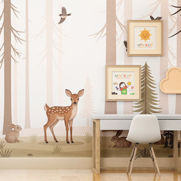 Papier peint chambre bébé | Forêt enchantée avec faune douce et paisible