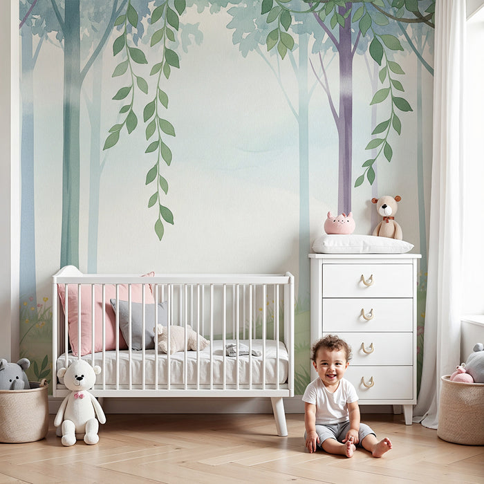 Nursery Wallpaper | Enchanted Forest with Delicate Flowers and Pastel Trees