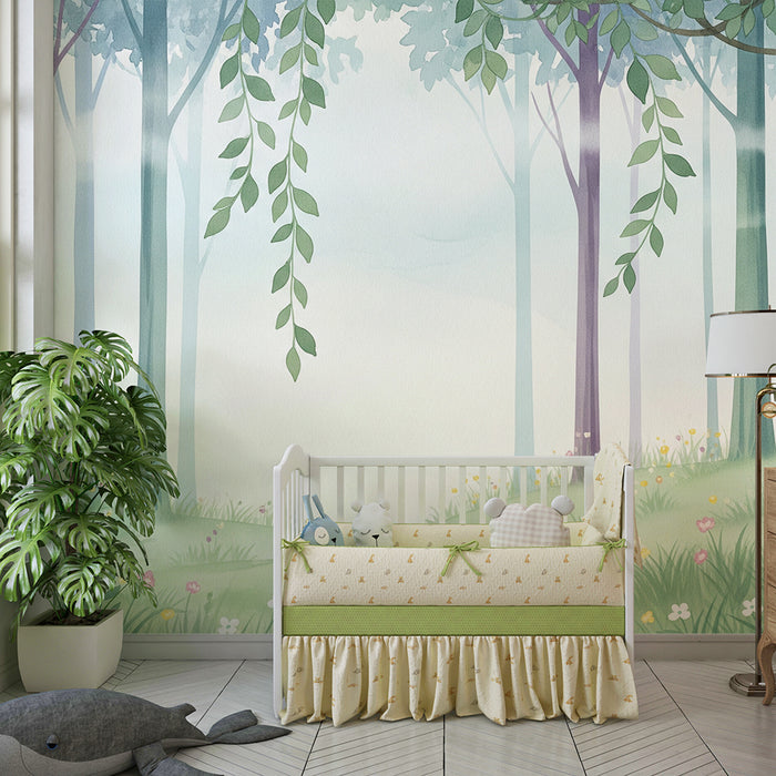 Nursery Wallpaper | Enchanted Forest with Delicate Flowers and Pastel Trees