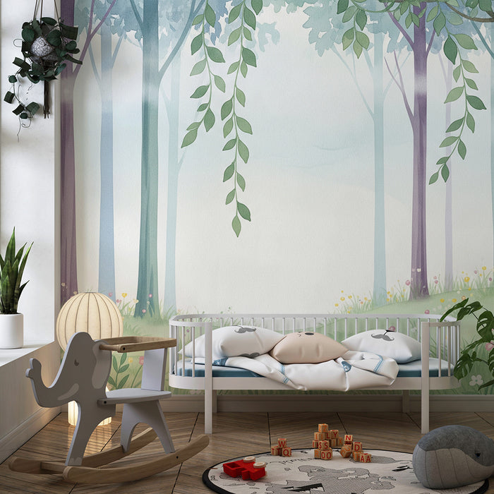 Nursery Wallpaper | Enchanted Forest with Delicate Flowers and Pastel Trees