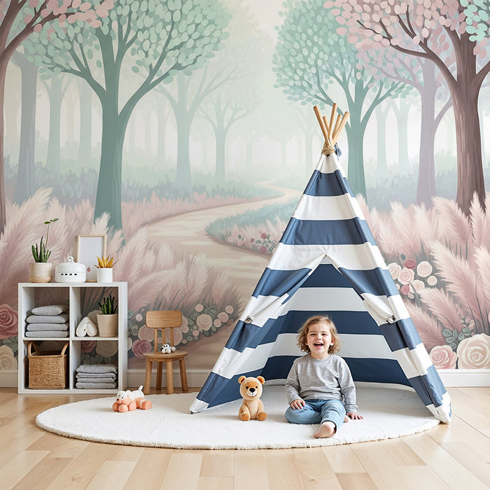 Lastenhuoneen tapetti | Lumottu metsä herkillä kukilla ja mutkittelevalla polulla