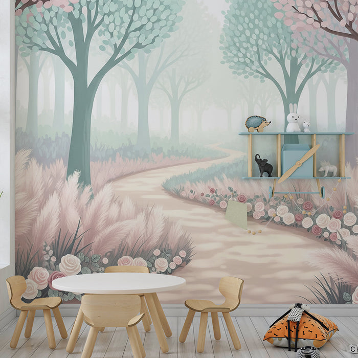 Lastenhuoneen tapetti | Lumottu metsä herkillä kukilla ja mutkittelevalla polulla