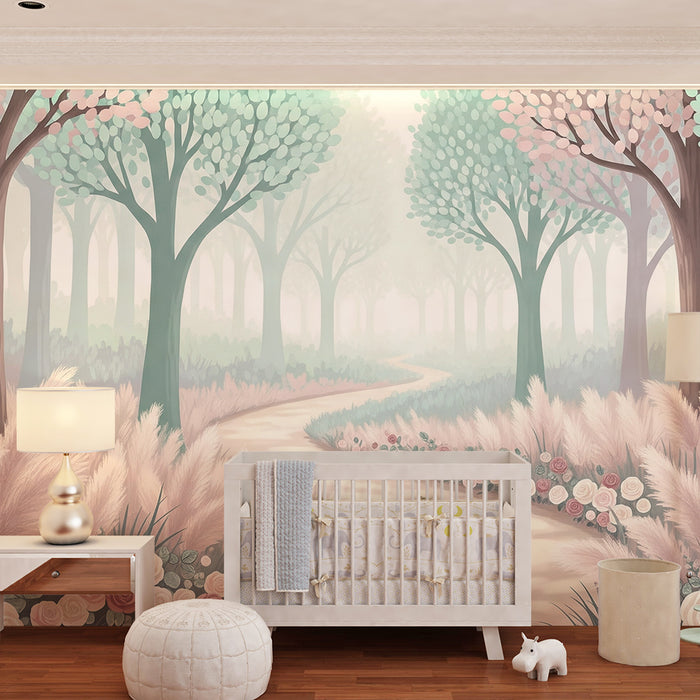 Lastenhuoneen tapetti | Lumottu metsä herkillä kukilla ja mutkittelevalla polulla