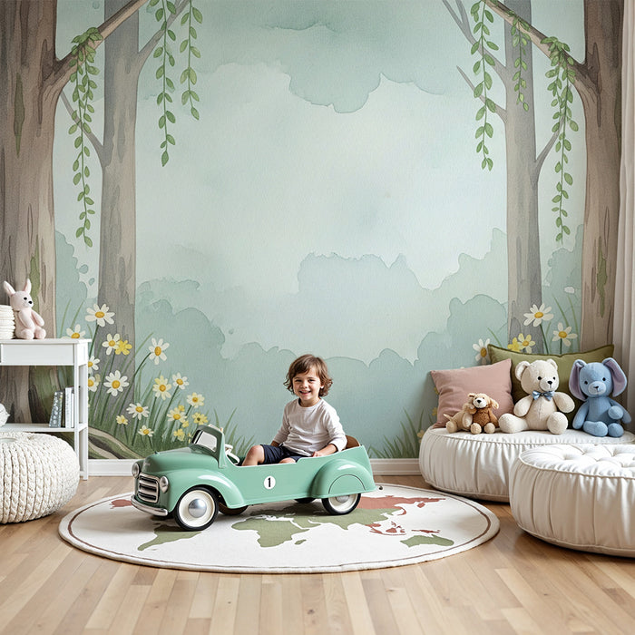 Papel de parede para quarto de bebé | Floresta encantada com flores silvestres e árvores majestosas