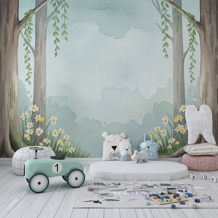 Papel de parede para quarto de bebé | Floresta encantada com flores silvestres e árvores majestosas