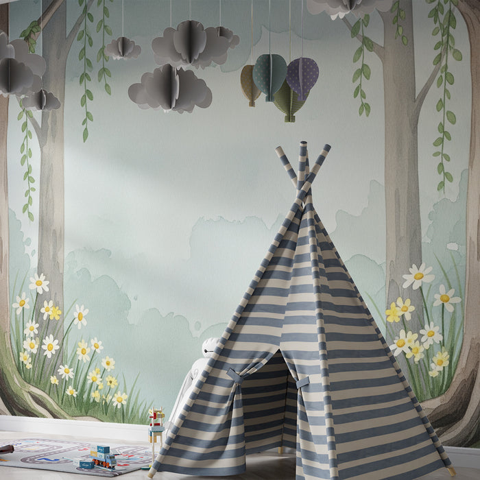 Papel de parede para quarto de bebé | Floresta encantada com flores silvestres e árvores majestosas
