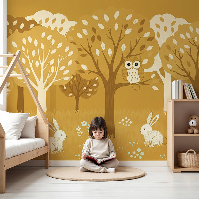 Papier peint chambre bébé | Forêt enchantée avec hibou et lapins