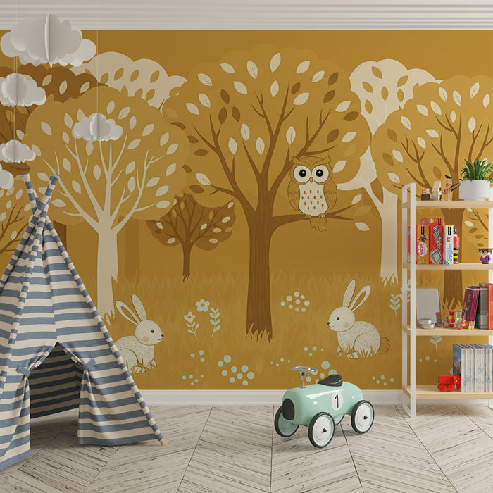 Papier peint chambre bébé | Forêt enchantée avec hibou et lapins