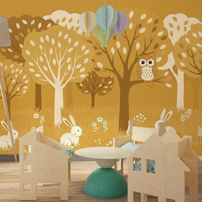 Papier peint chambre bébé | Forêt enchantée avec hibou et lapins