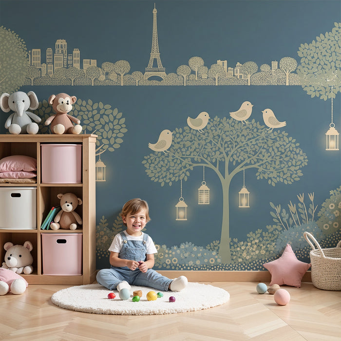 Papier peint chambre bébé | Forêt enchantée avec oiseaux et lanternes lumineuses