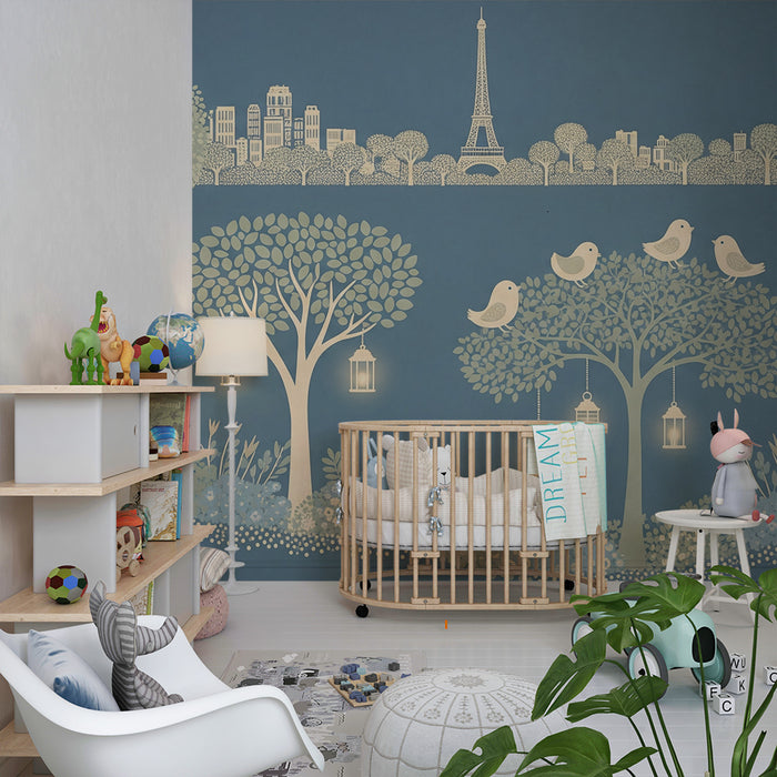 Papier peint chambre bébé | Forêt enchantée avec oiseaux et lanternes lumineuses