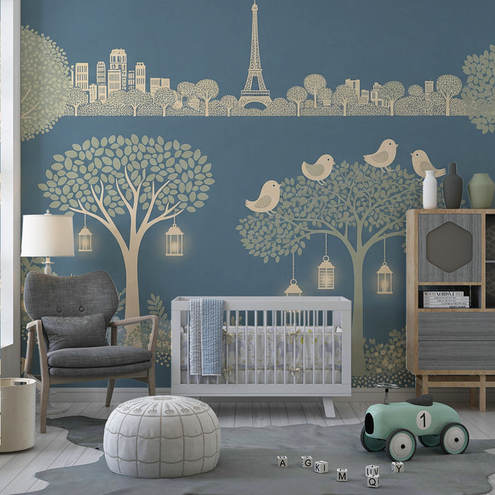 Papier peint chambre bébé | Forêt enchantée avec oiseaux et lanternes lumineuses