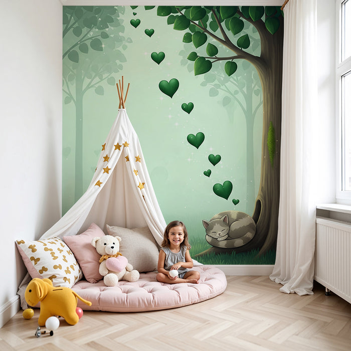 Papel de parede quarto bebê | Floresta encantada com um gato tranquilo e corações verdes
