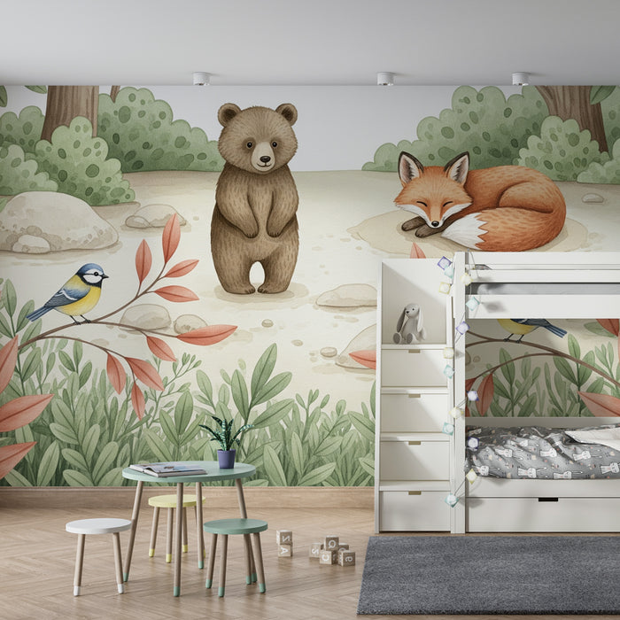 Papel de parede quarto bebê | Μαγικό δάσος με αρκούδα και αλεπού