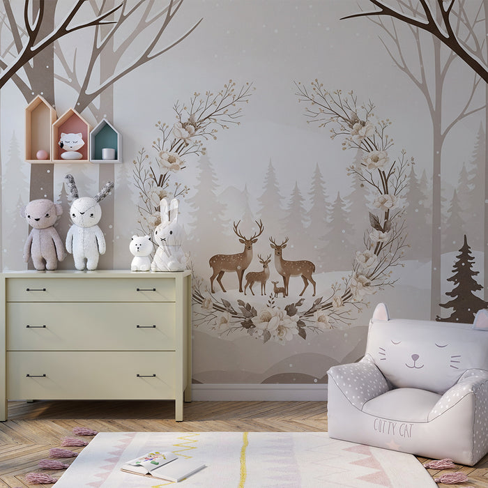 Papier peint chambre bébé | Forêt enneigée avec cerfs et fleurs délicates