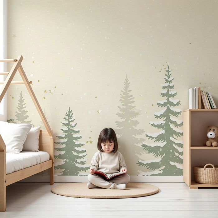 Papel de parede quarto bebê | Floresta nevada com estrelas douradas